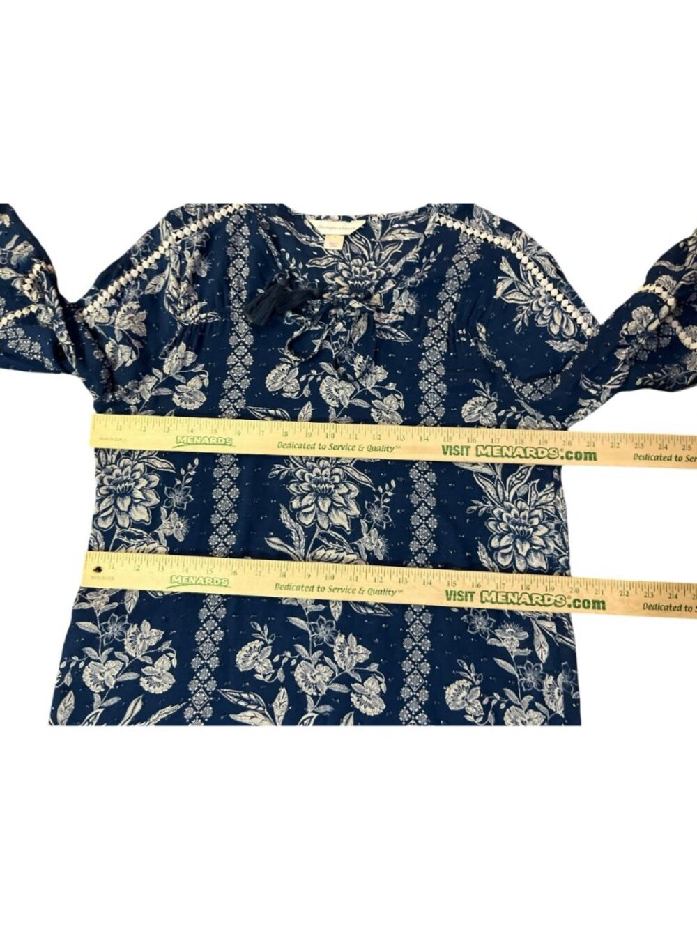 Christopher & Banks Blue Boho Blouse S Tassel Tie Rayon Used Lightweight - Picture 9 of 15